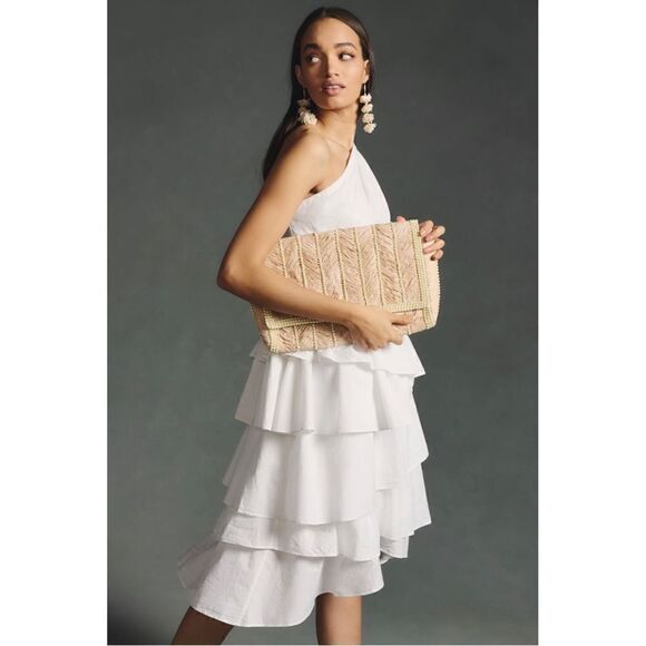 NEW By Anthropologie White One-Shoulder Tiered Ruffle Bridal Midi Dress Size 2 - Picture 2 of 5